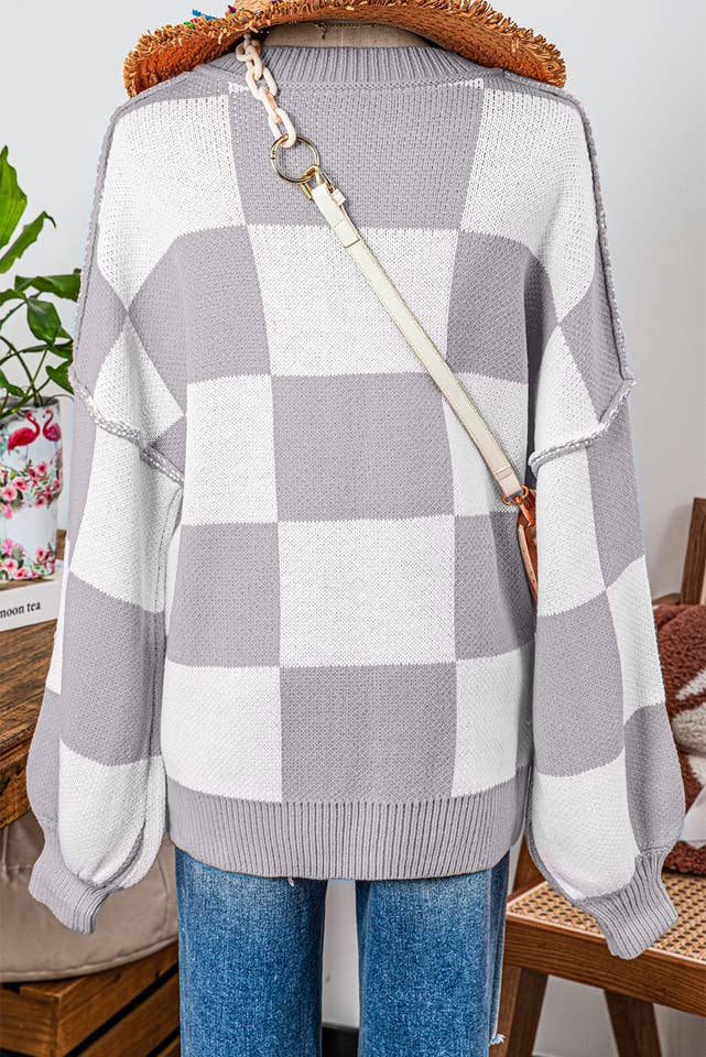 fashionworks - Wholesale Knit Sweater - Women's - Fashion-W Checkered Bishop Sleeve Sweater*S-2XL9
