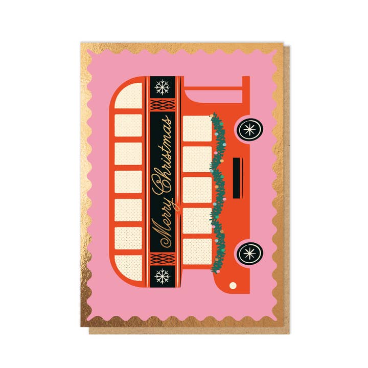 Carte de Noël en bus | Carte de Noël | Carte de luxe avec feuille pour la vente par Stormy Knight