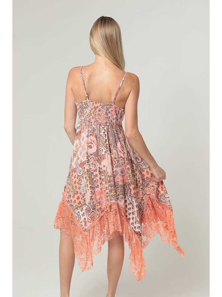 ANGIE - Wholesale Dress - Women's - H4466-W909 SPAGHETTI STRAP VNECK LACE TRIM MIDI DRESS