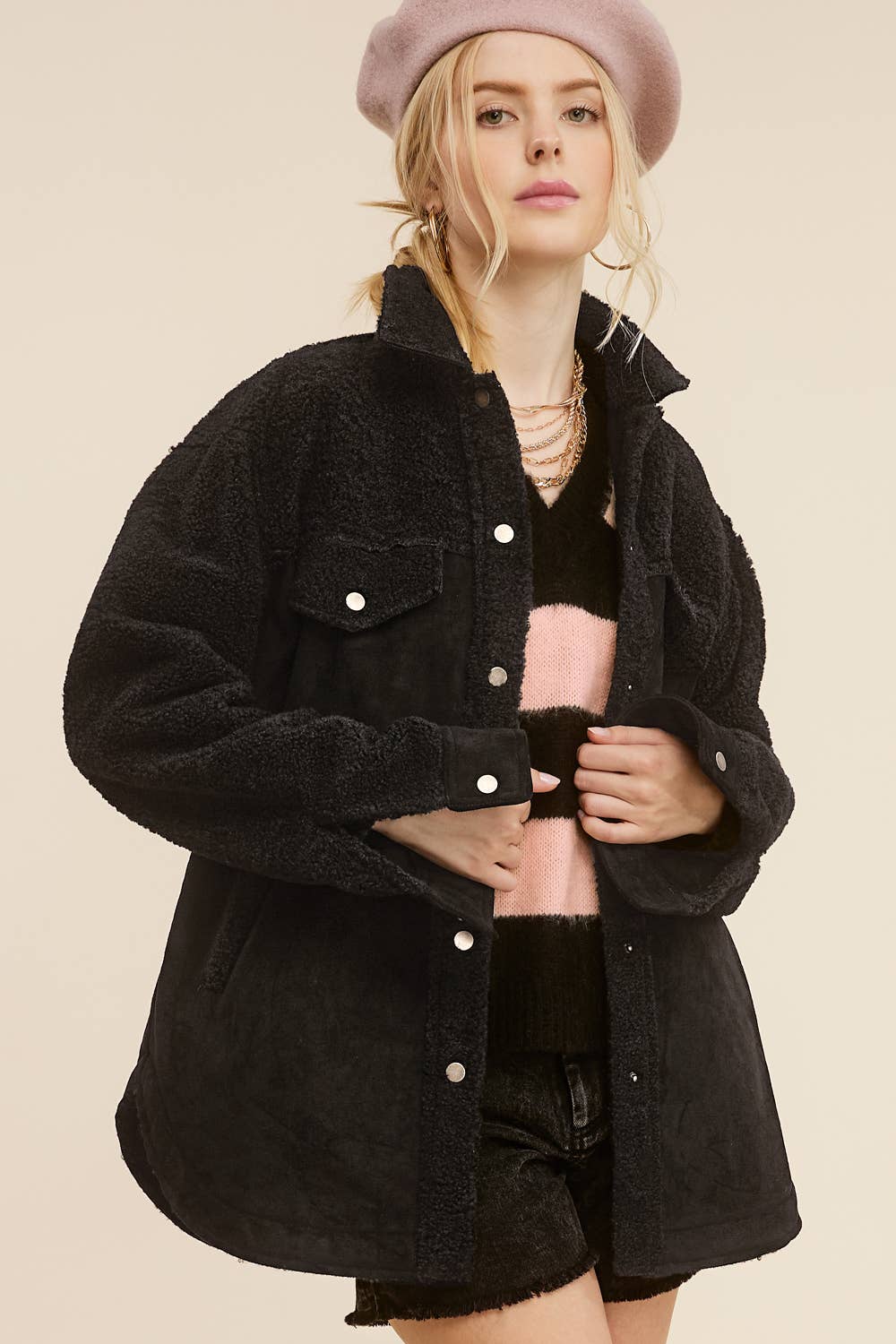 La Miel - Vente Veste – femme - JKT1790 - Veste boutonnée surdimensionnée en faux daim avec poches10