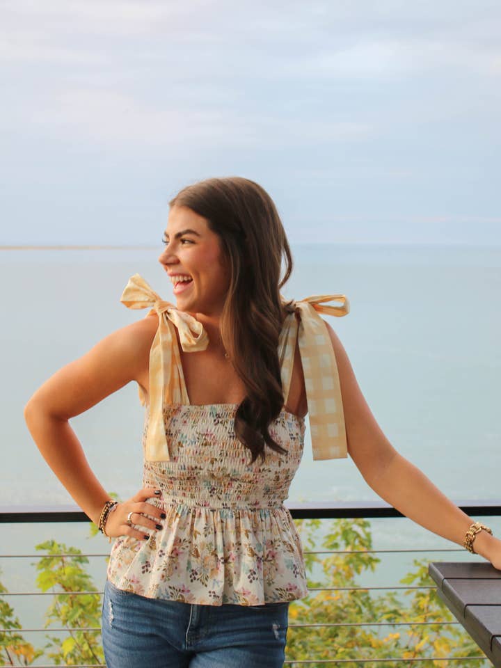 Floral & Gingham Peplum Top Bow Straps - Made in the USA for wholesale by hey friends