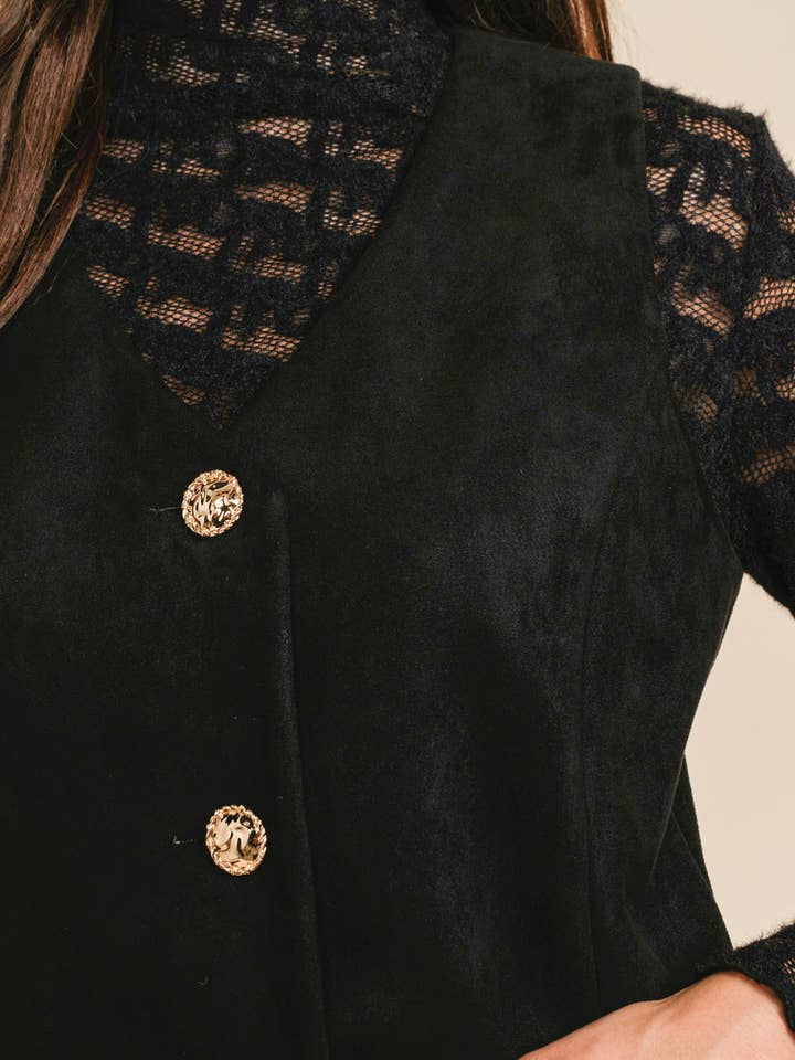 A & SHE - Wholesale Jacket - Women's - V-Neck Gold Button Down Suede Western Vest with Welt Pockets4