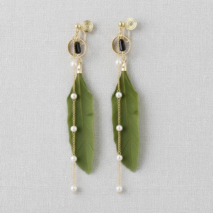 Green Feather Tassel Clip-On Earrings for wholesale by scentll jewelry