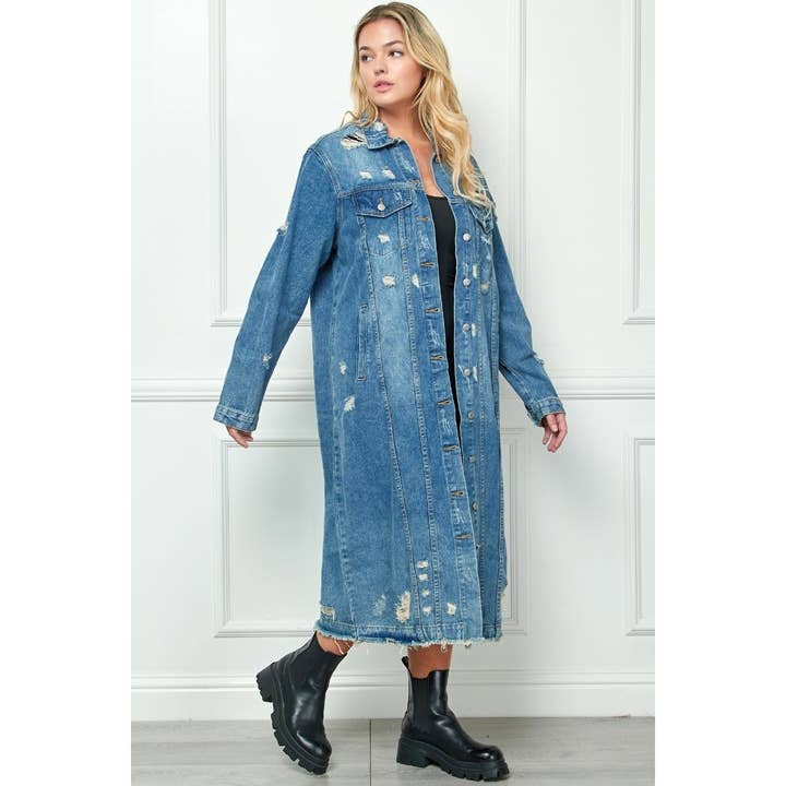 Lavage moyen Veste longue en jean vieilli de grande taille en vente sur Faire