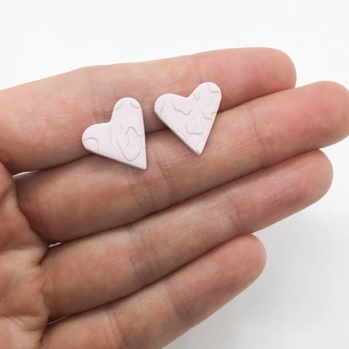 Small heart polymer clay earrings, pink leopard print studs for wholesale by Moon and Jewel