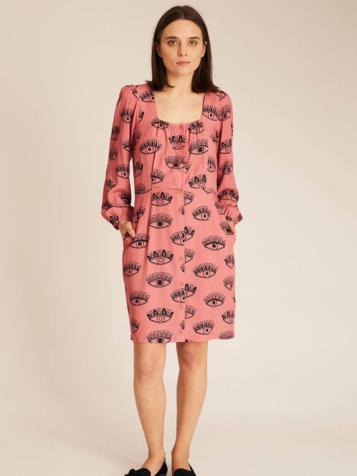 EYES PRINT BUTTONED DRESS for wholesale by Pepaloves