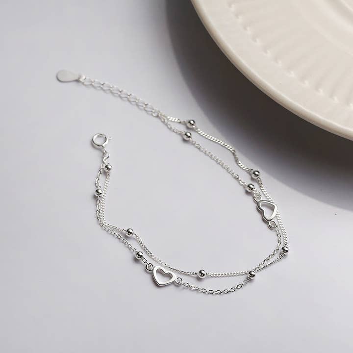 Perimade & Co. LLC – wholesale Berlockarmband – Hjärtpärla Dubbel kedjearmband i 925 Sterling Silver