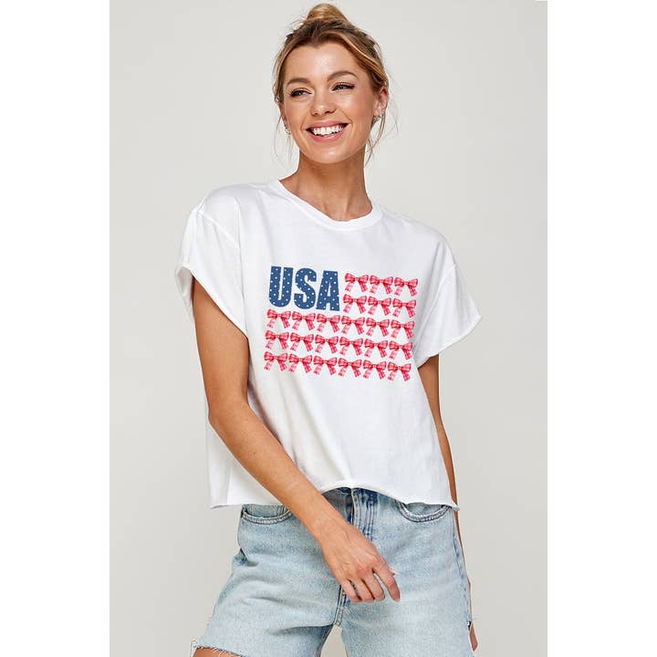 Illustrated Society - Wholesale T-Shirt (Graphic) - Women's - USA BOW FLAG VINTAGE GRAPHIC CROP TOP