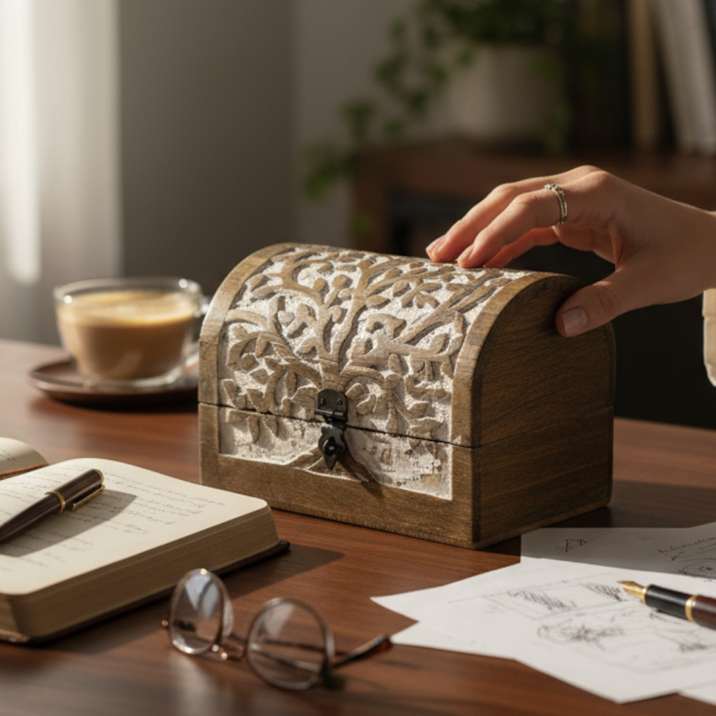 Wilco Home – Caixa decorativa por atacado – Caixa de Madeira Entalhada à Mão "Árvore da Vida" com Dobradiças Feriado1