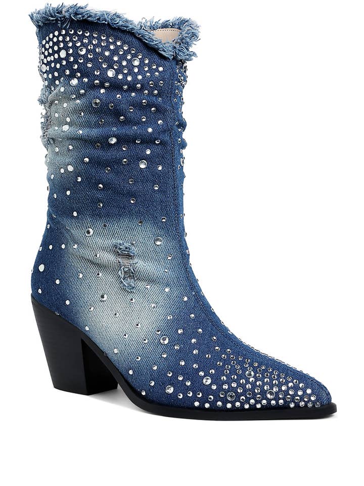 Savant Diamante & Rhinestones Denim Boots for wholesale by Rag Company