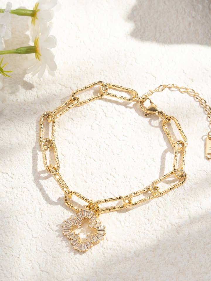 Textured link bracelet with square charm, baguette stone, steel for wholesale by COSMOS