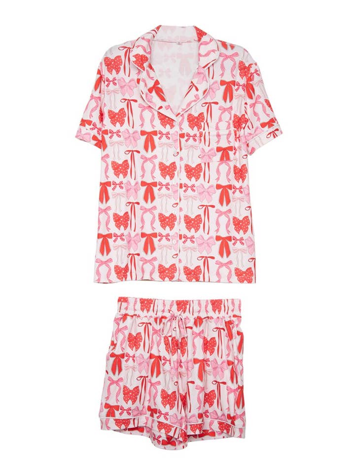 White Pink & Red Coquette Bows Christmas PJ Short Set for wholesale on Faire0