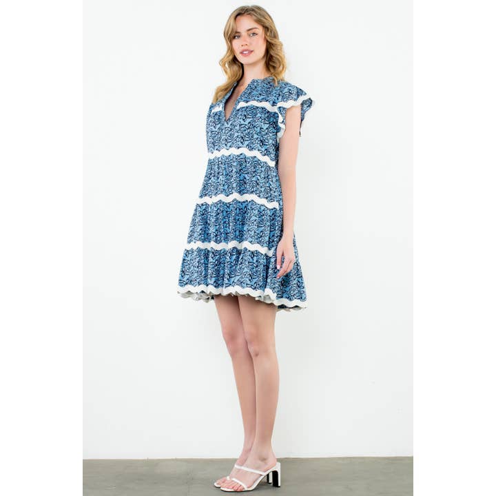 BLUE Wave Trim Flutter Sleeve Print Dress for wholesale on Faire1