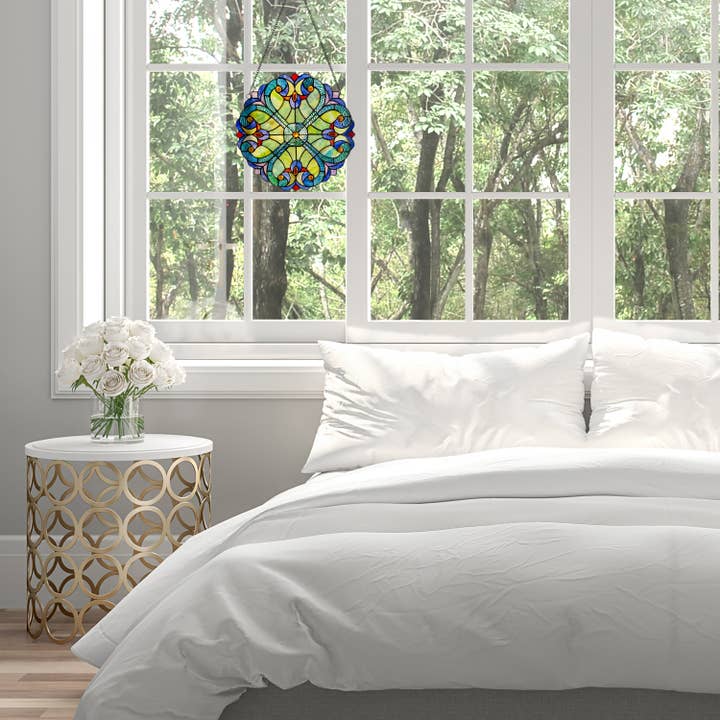 Blue 12"H Halston Multicolor Stained Glass Window Panel for wholesale on Faire6