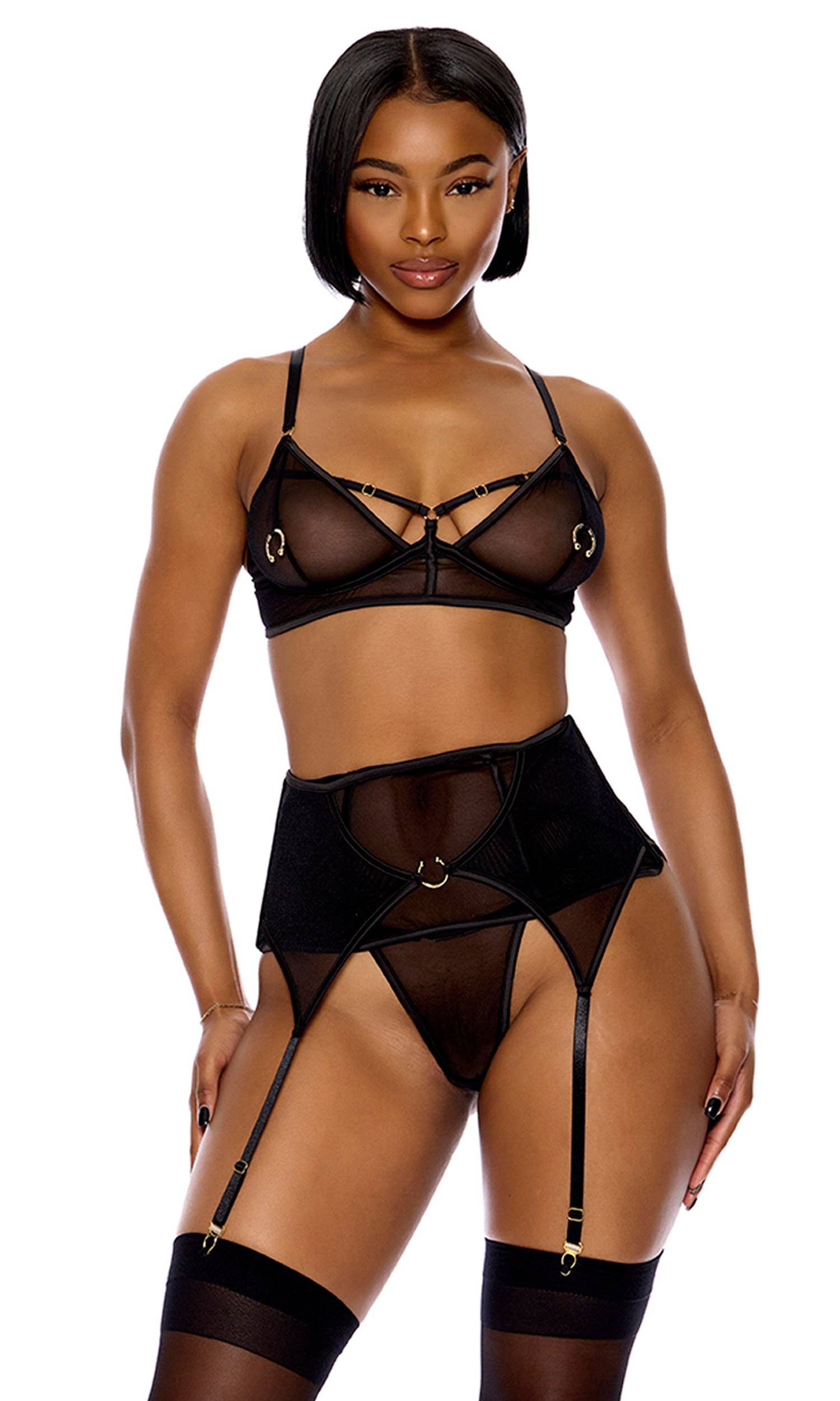 Piercing Desire Mesh Bra and Waist Cincher Lingerie Set - Black for wholesale on Faire