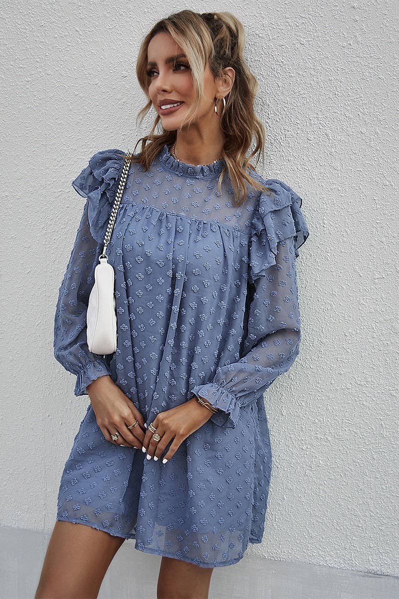 Supreme Fashion - Wholesale Dress - Women's - Swiss Dot Ruffled Sleeve Mock Neck Loose Dress3