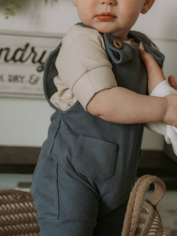 Pastel blue ribbed bamboo short adjustable overalls for wholesale by Kim & Joe