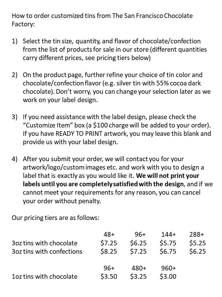The San Francisco Chocolate Factory - Wholesale Chocolate Box - Custom-labeled 3oz Chocolate-filled Tin (144+ Tins @ $6.50)8