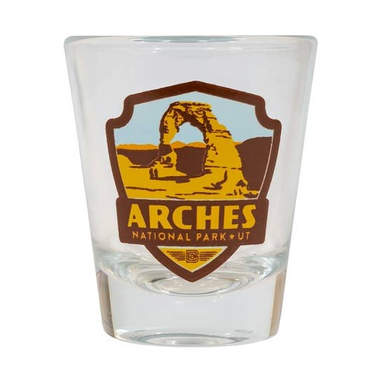 Arches NP Emblem Glass Shot for wholesale by Tourist Courts