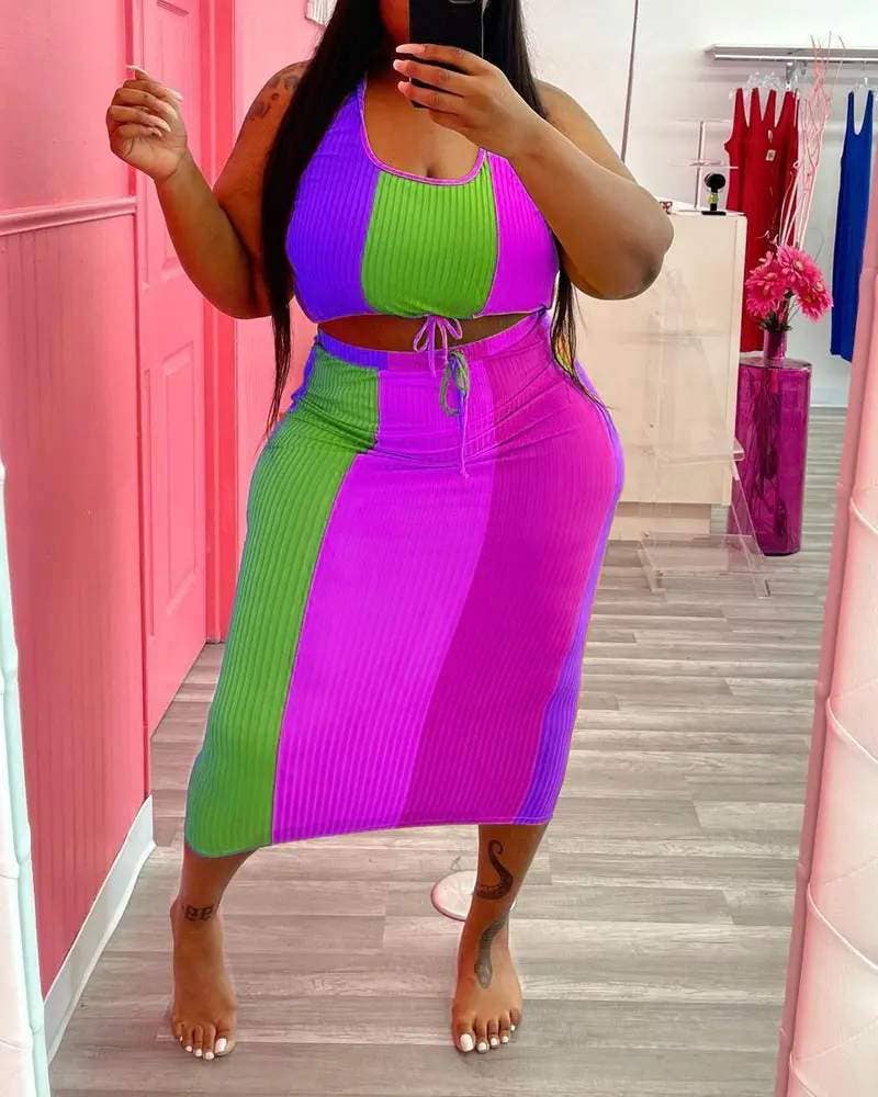 Fashion Combination - Vente Ensemble haut et jupe - Femme - ensemble de jupe courte côtelée colorblock grande taille5