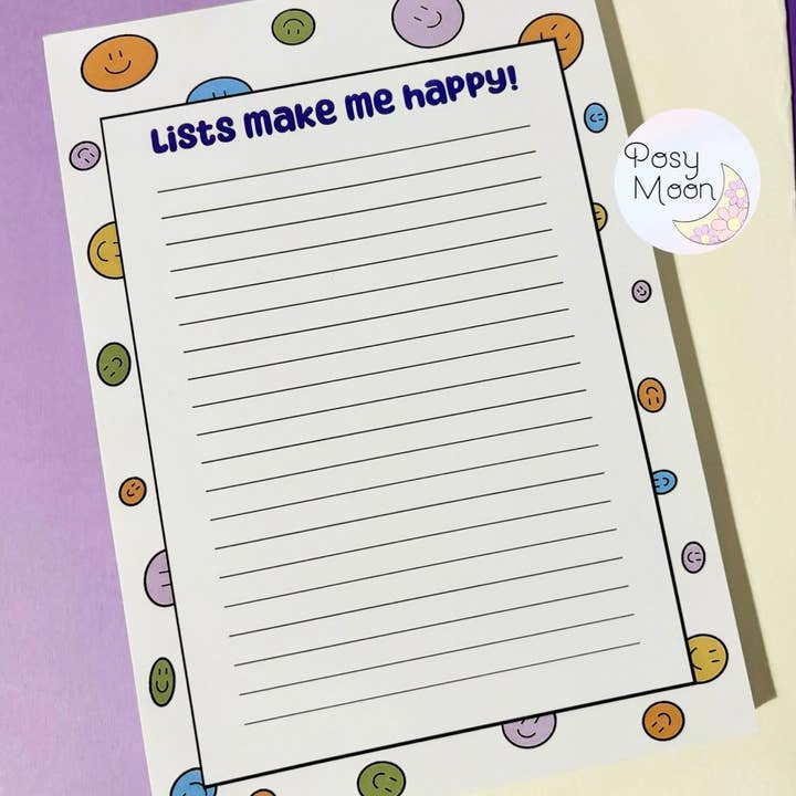 Lijstjes met lachende gezichten maken me blij A5-notitieblok voor wholesale door Posy Moon