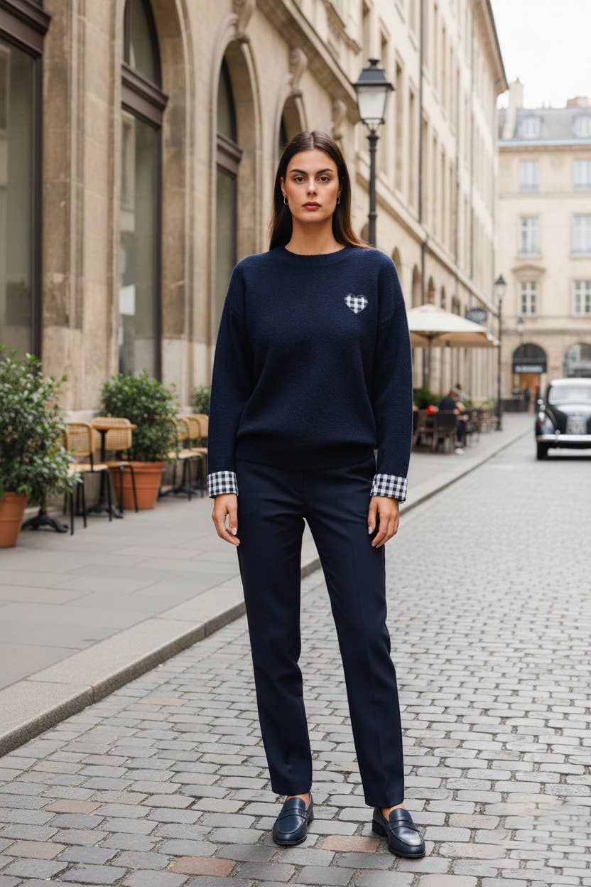 Blu Maglia a tinta unita con maniche in tessuto vichy blu SCF005 in vendita all'ingrosso su Faire0