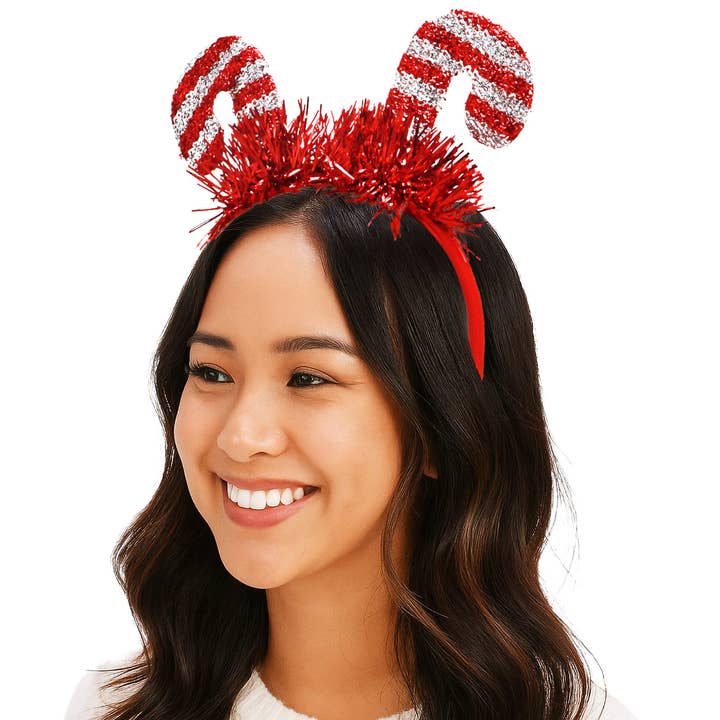 ASSORTED Festive Christmas Tinsel Candy Cane Hairband for wholesale on Faire4