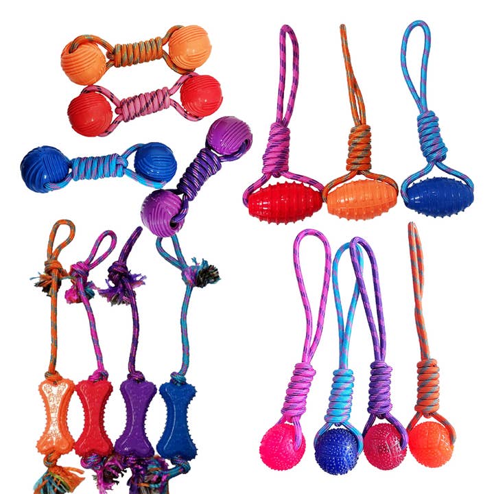 Rope Dog Toy with Ball or Bone Attachments 4 Assorted for wholesale by Deluxe Import Trading
