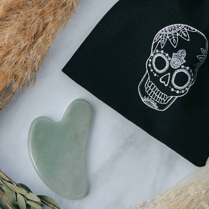 Xander Kostroma - Wholesale Gua Sha tool - Jade Crystal Gua Sha with Black Skull Pouch2