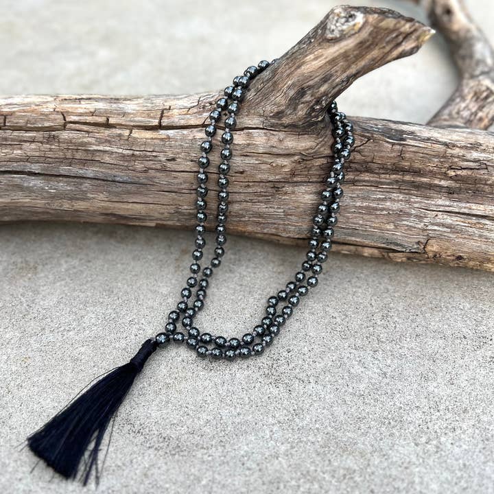 Lungta Imports - Wholesale Prayer Beads Necklace - Natural Hematite Hand Knotted Mala, Rosary 108 Beads