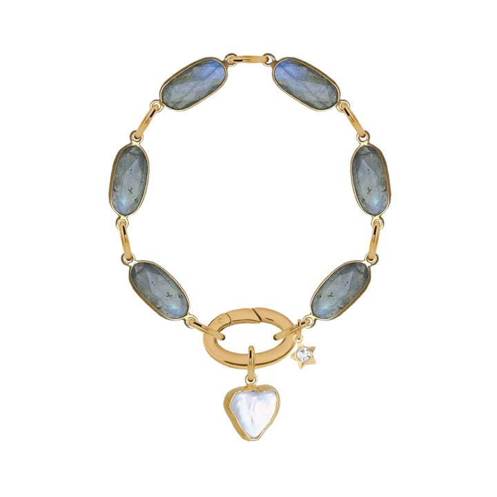 Labradorite Gemstone Link and Freshwater Pearl Bracelet for wholesale by Mint + Sky
