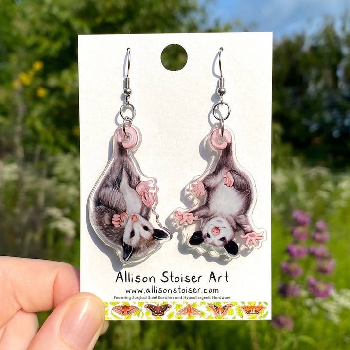 Acrylic Baby Opossum Earrings for wholesale by Allison Stoiser Art