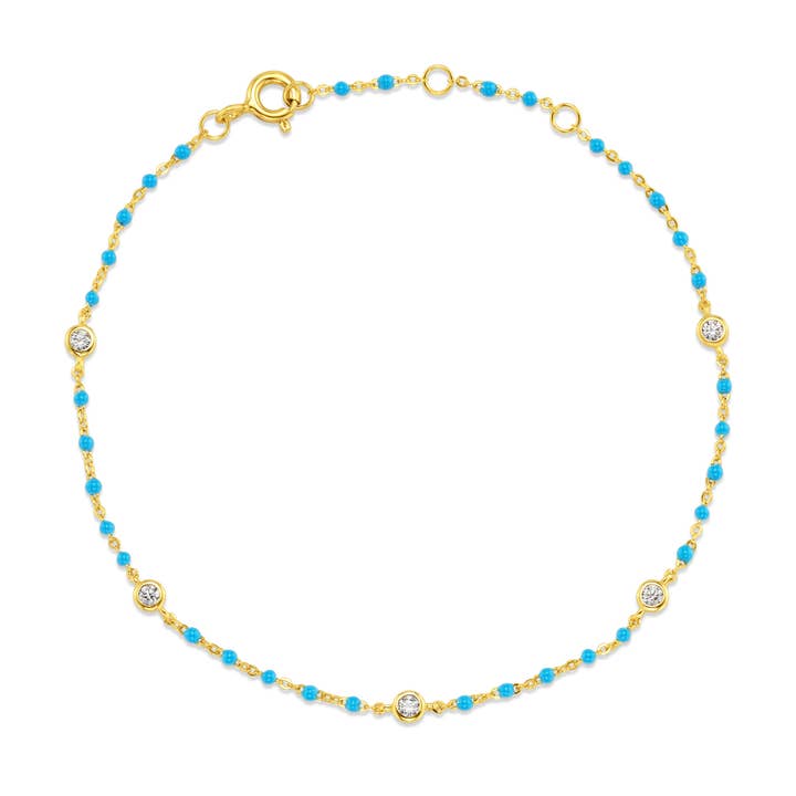 TURQUOISE BEZEL CZ ENAMEL BEAD BRACELET, GOLD for wholesale by JEN HANSEN