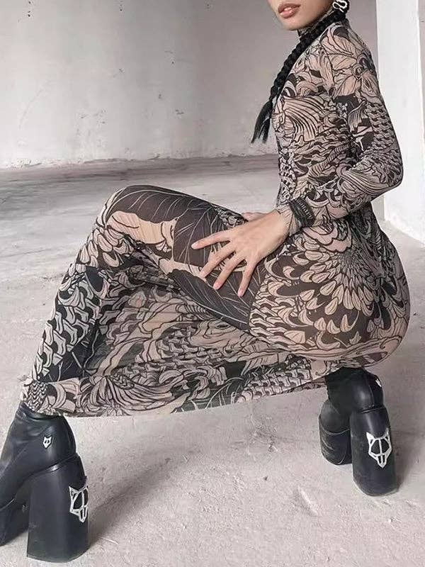 BLACK Long Sleeves Skinny Printed See-Through Split-Joint High Neck Evening Dresses Maxi Dresses for wholesale on Faire2