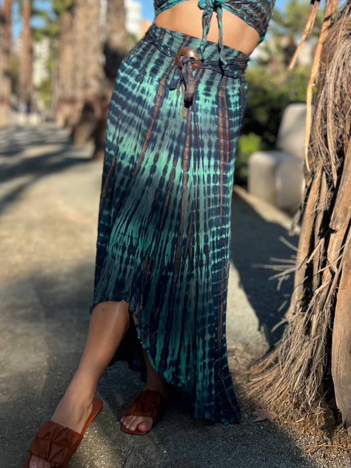 Asymmetrical Tie-Dye Rayon Skirt with Fixed Belt pack of 10 for wholesale by Kinomy