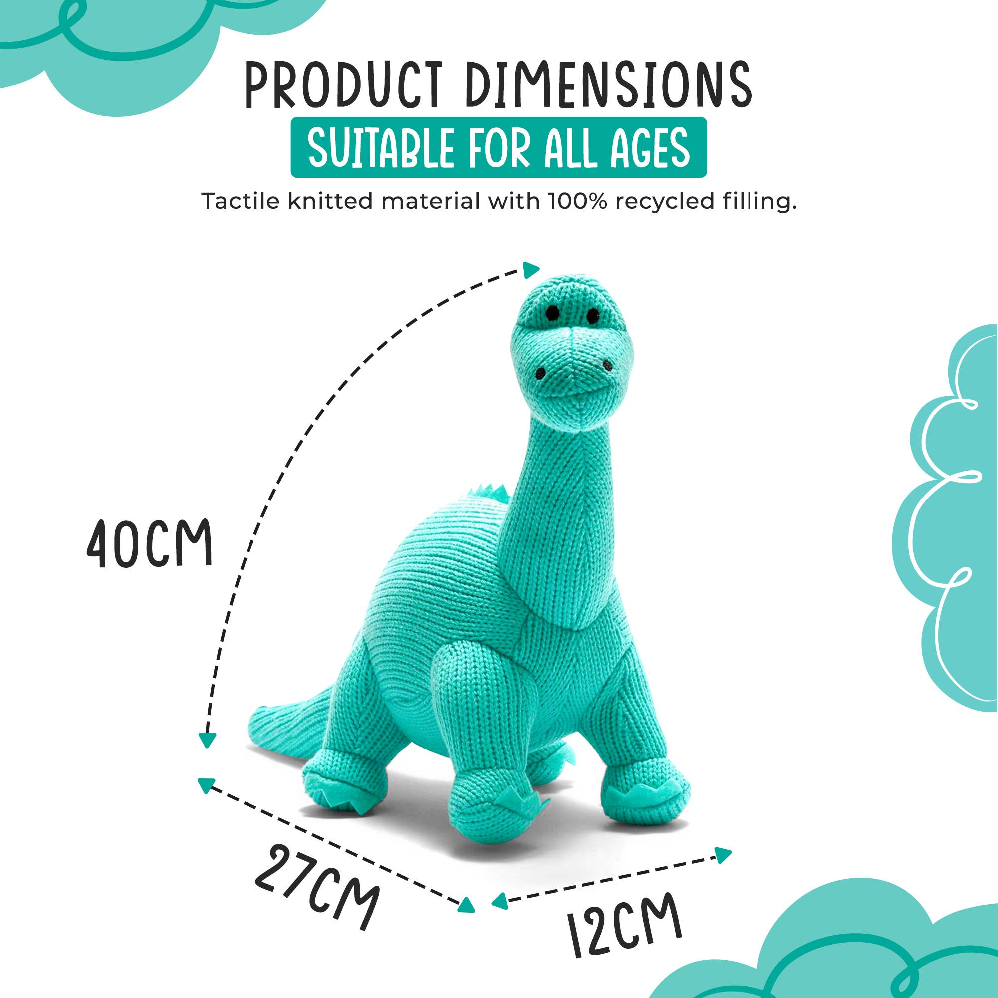 Best Years Ltd – wholesale Fyllda/plyschleksaker - Barn och baby – Stickad Diplodocus Mjukisdinosaurie - Isblå2