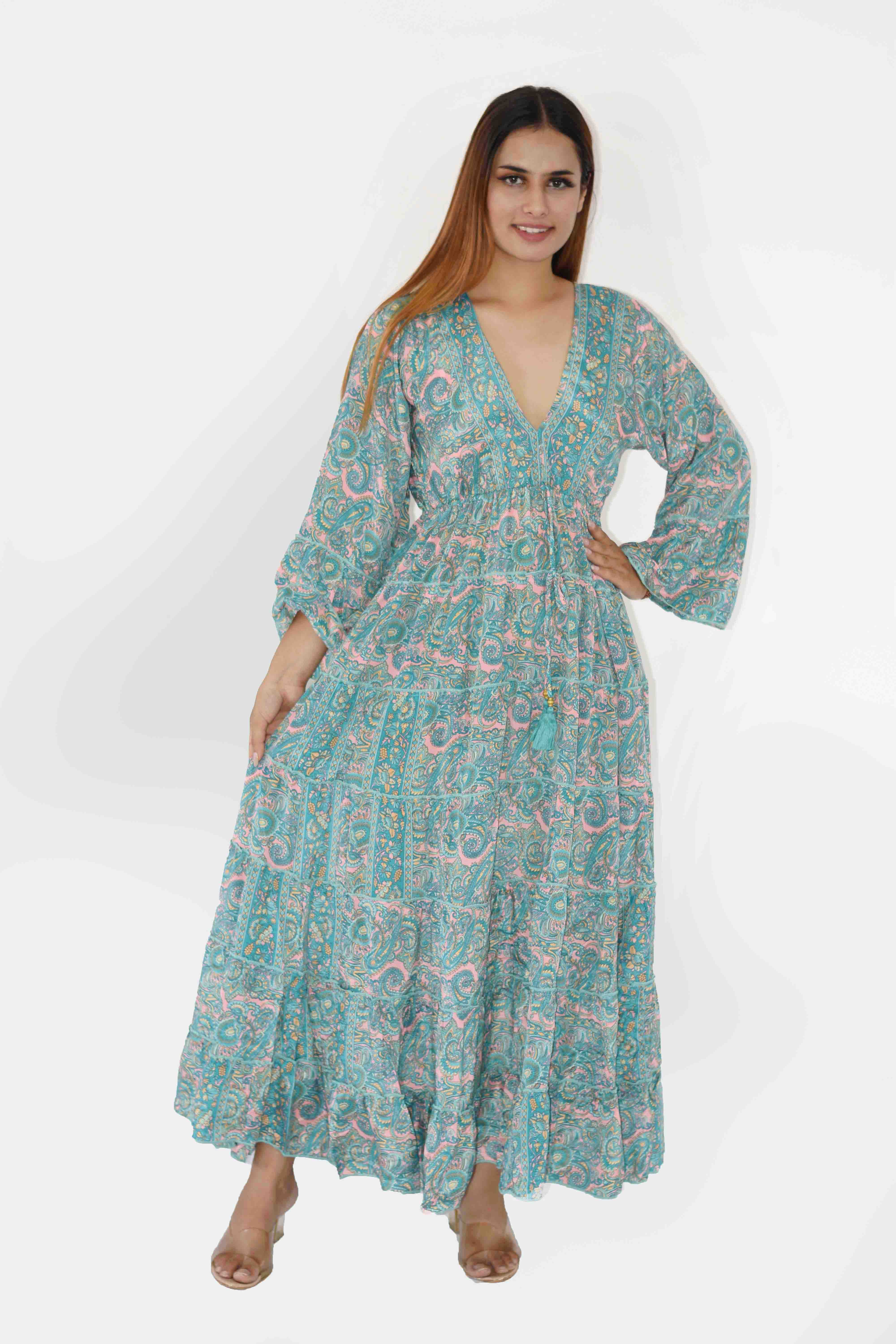 Humanity Centred Designs – wholesale Dress – Women's – V neck Full length printed frill dress with flared Sleeve6