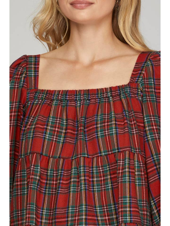 Peace Love Line - Wholesale Blouse - Women's - PL4655 - TIERED SQUARE NECK PLAID PRINT WOVEN TOP6