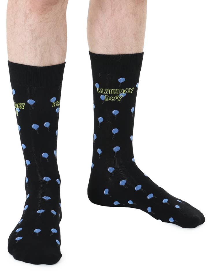 Men's Bamboo Crew Socks - "Birthday Boy" - Black & Blue for wholesale by Living Royal