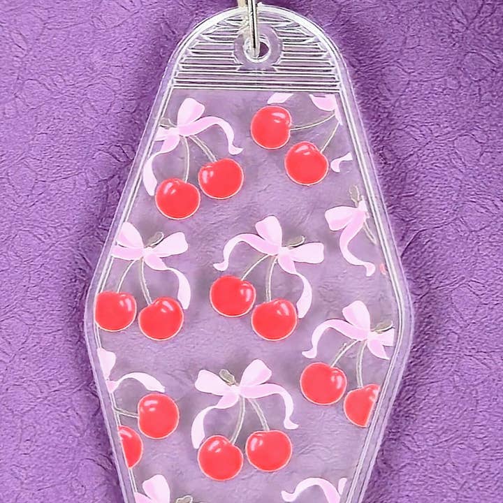 Red Cherries & Pink Bows Acrylic Motel Keychain for wholesale by Fui Fuío by Ktna