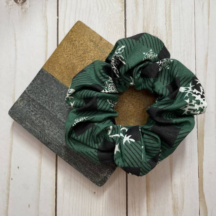 Green Plaid with Snowflakes Handmade Scrunchie for wholesale by QuietJoy