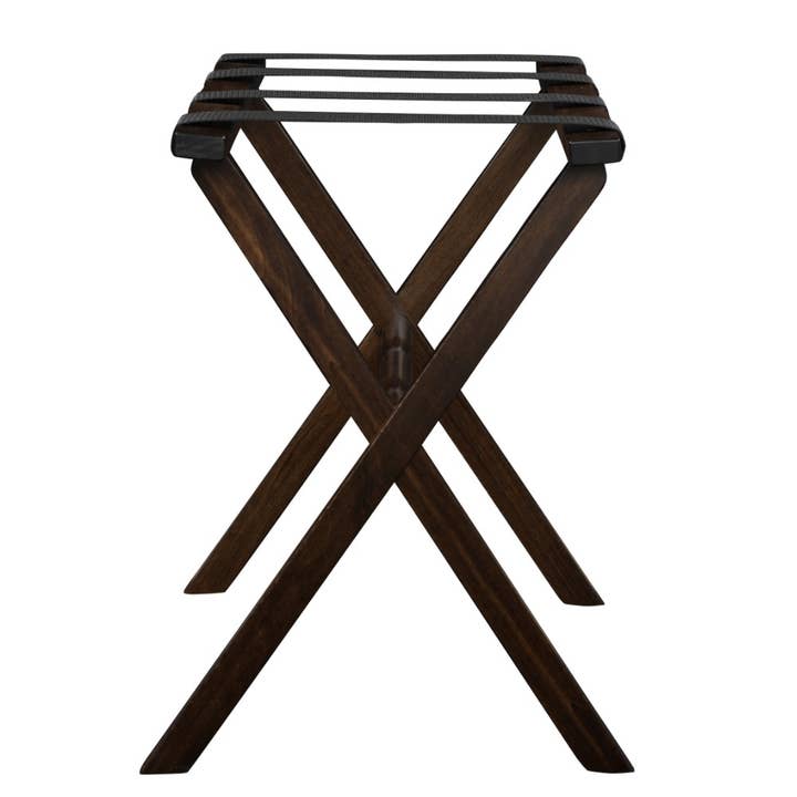 HomeRoots - Wholesale Bedroom Furniture - Dark Walnut Wood Folding Luggage Rack with Black Straps2