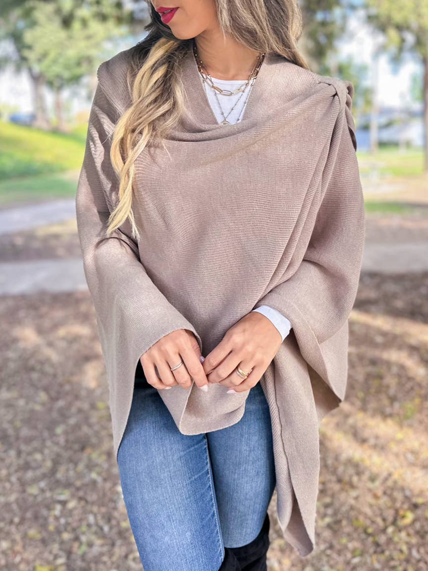 Taupe Solid Knit Ruana Shawl with Shoulder Strap for wholesale on Faire2