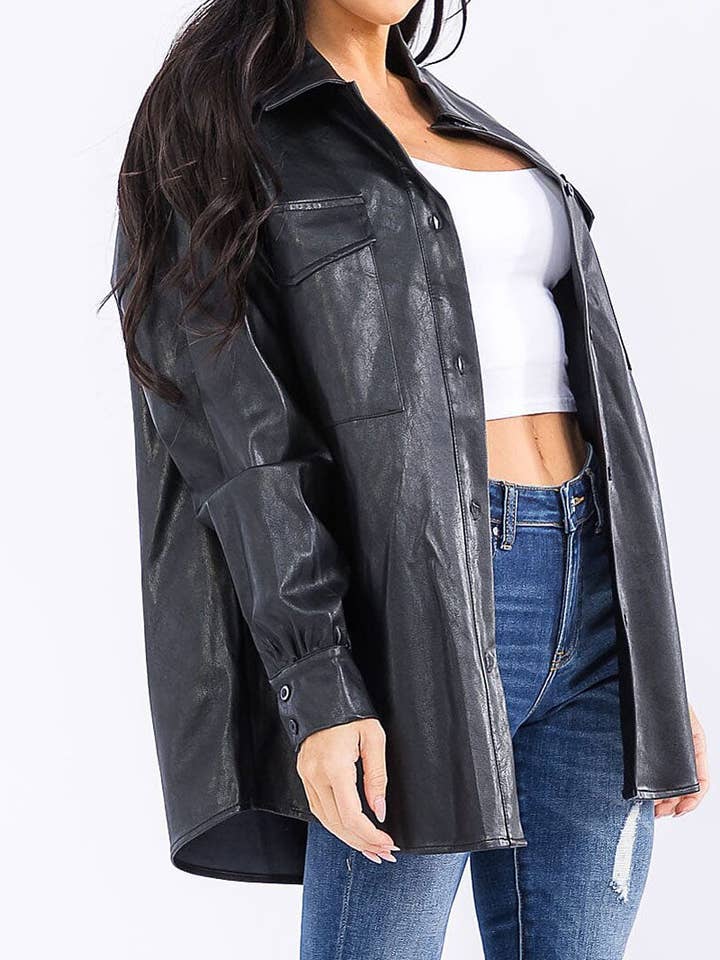 BUTTON CLOSURE FRONT POCKETS PU PLEATHER JACKET for wholesale by ROUSSEAU