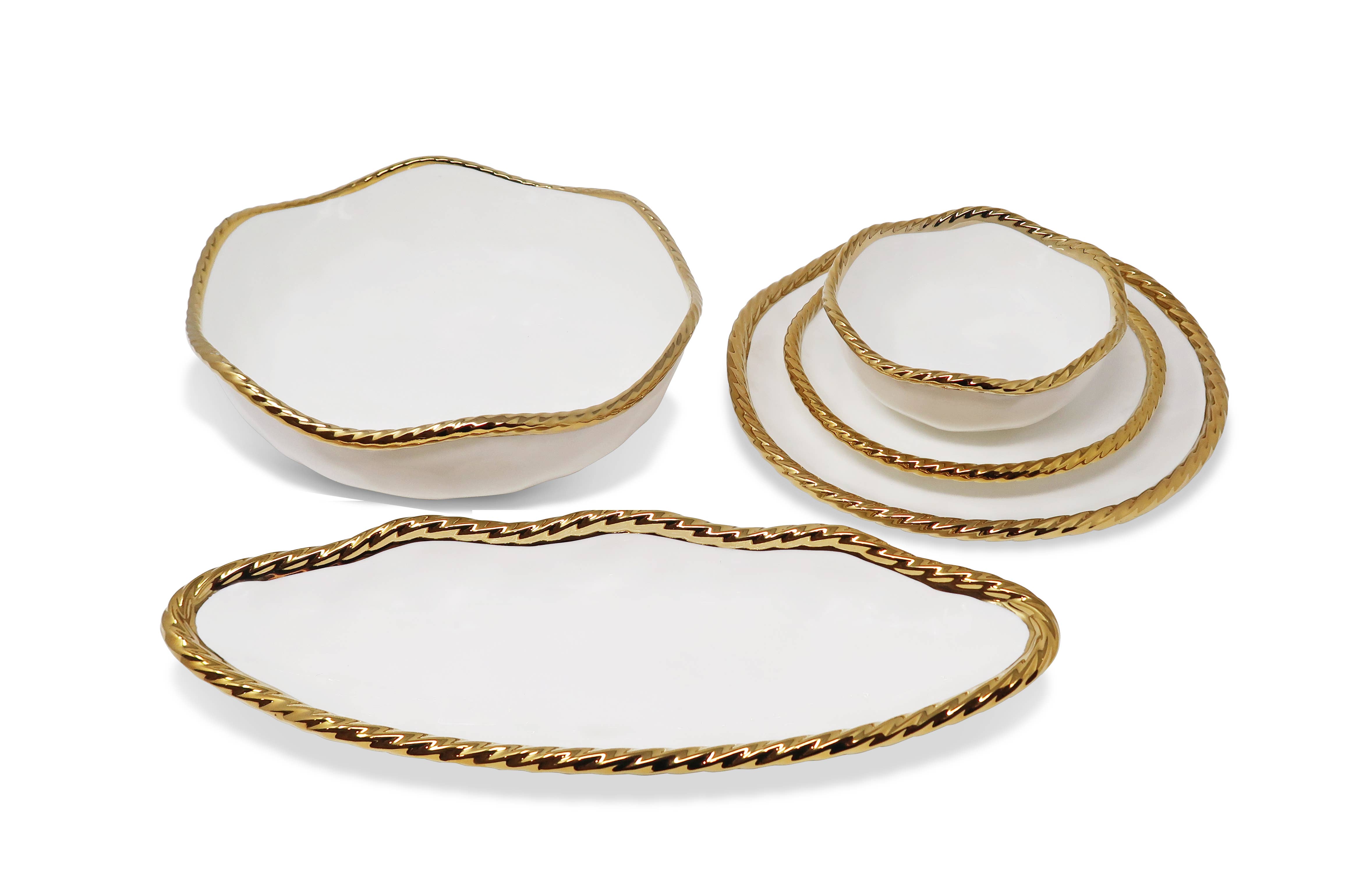 VIVIENCE – Engroshandel Skål – Oval skål i hvid new bone china med gylden rebkant og bølget kant1