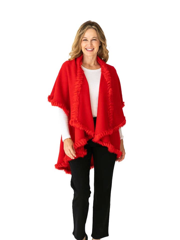 4 Styles in 1 Cardigan Sweater Shawl Wrap in Holiday Red Fur for wholesale by Heidi Kagan Designs, LLC.