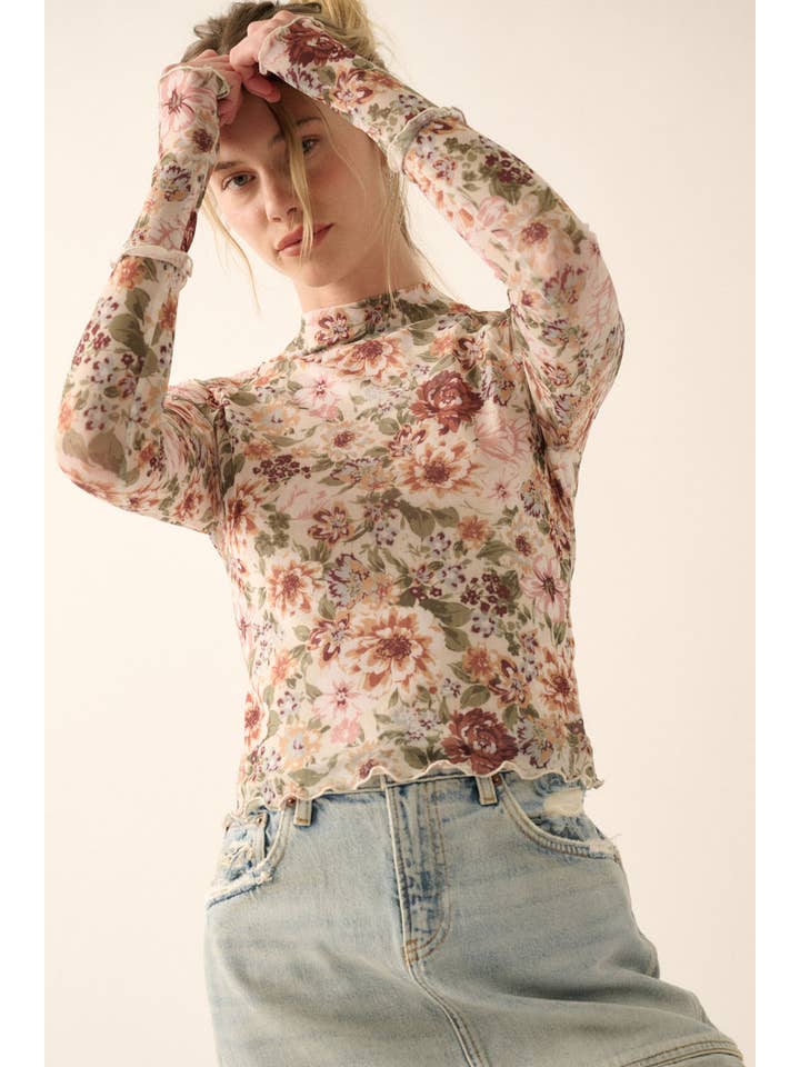 Cream Floral Mesh Lettuce-Edge Thumbhole High-Neck Top for wholesale on Faire4