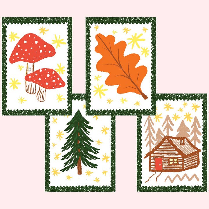 Set di 4 cartoline Woodland per la vendita all'ingrosso da parte di Charis Raine Illustration