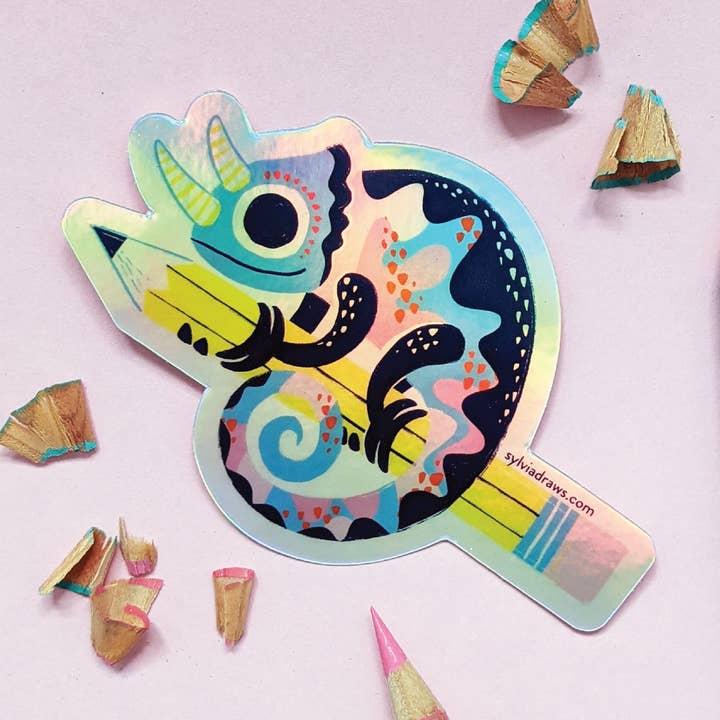 Chameleon Holographic Foil Sticker for wholesale by Sylvia Draws