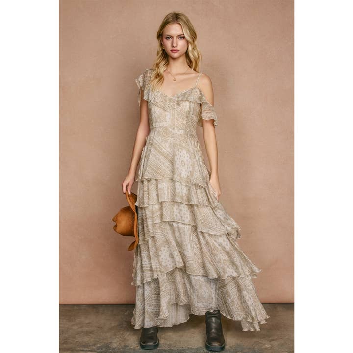 Verbleekte Walnoot Asymmetrische Vloeiende Gelaagde Maxi Jurk voor wholesale door Dress Forum